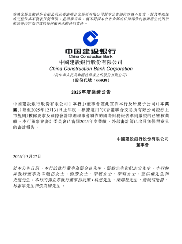 建设银行：2025年度业绩公告