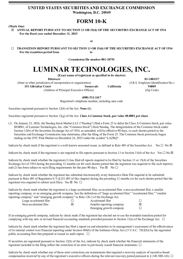 Luminar Technologies Inc-A 2025年度报告