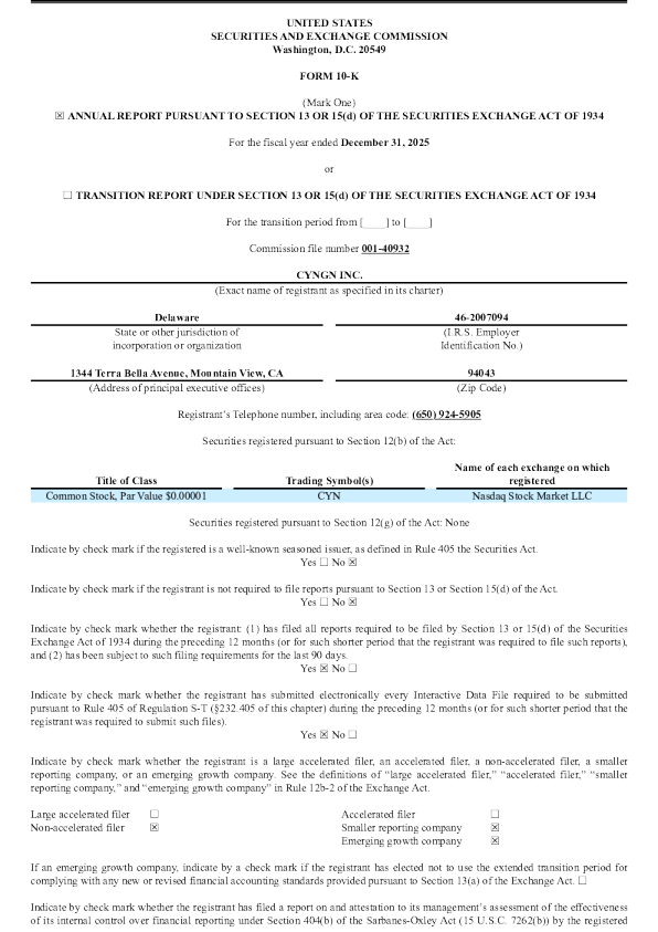 Cyngn Inc 2025年度报告