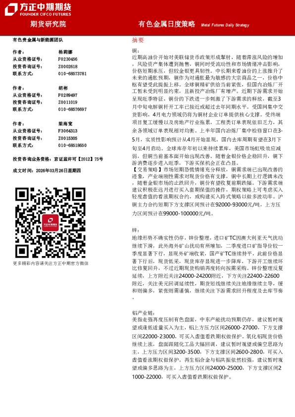 Metal Futures Daily Strategy：有色金属日度策略