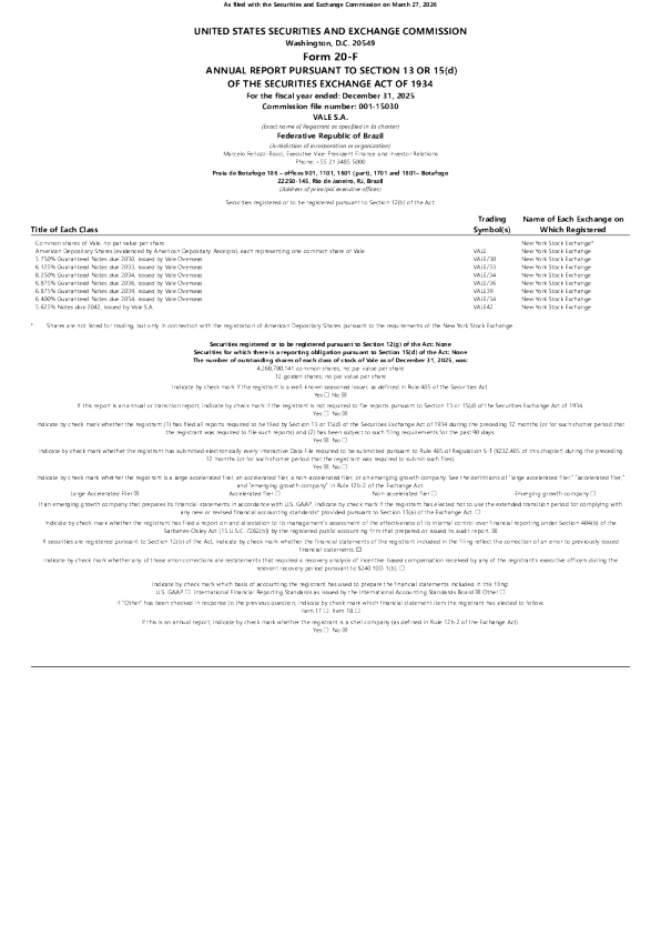 淡水河谷 2026年年度报告和过渡报告