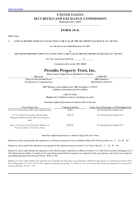Presidio Property Trust Inc-A 2025年度报告