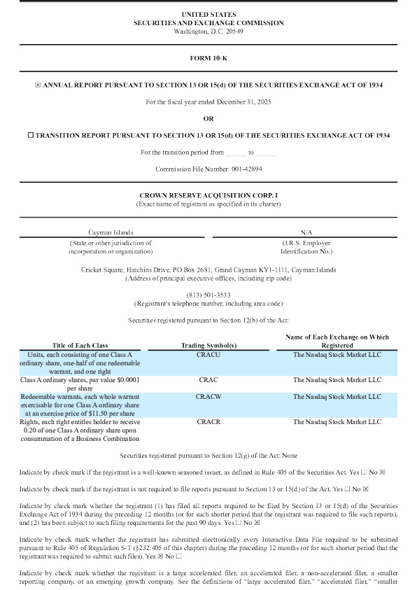 Crown Reserve Acquisition Corp I-A 2025年度报告