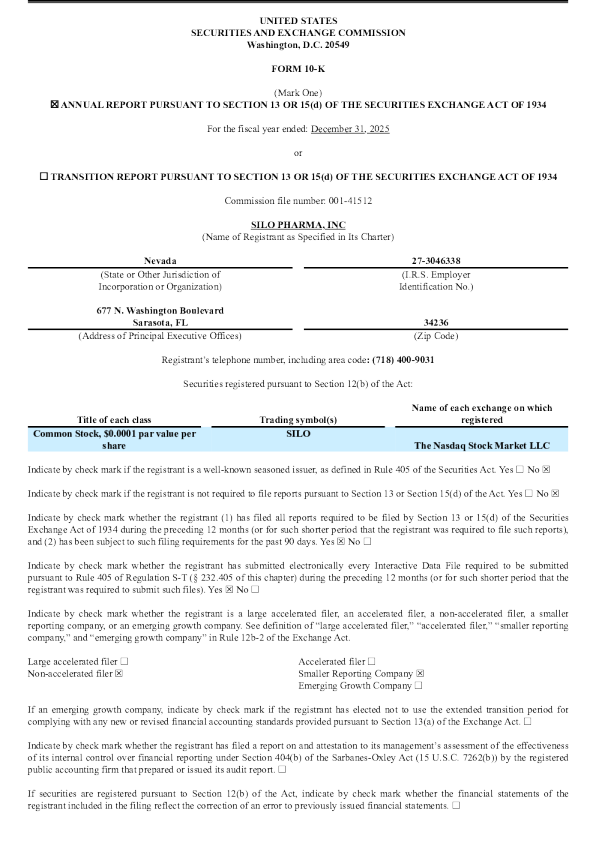 Silo Pharma Inc 2025年度报告