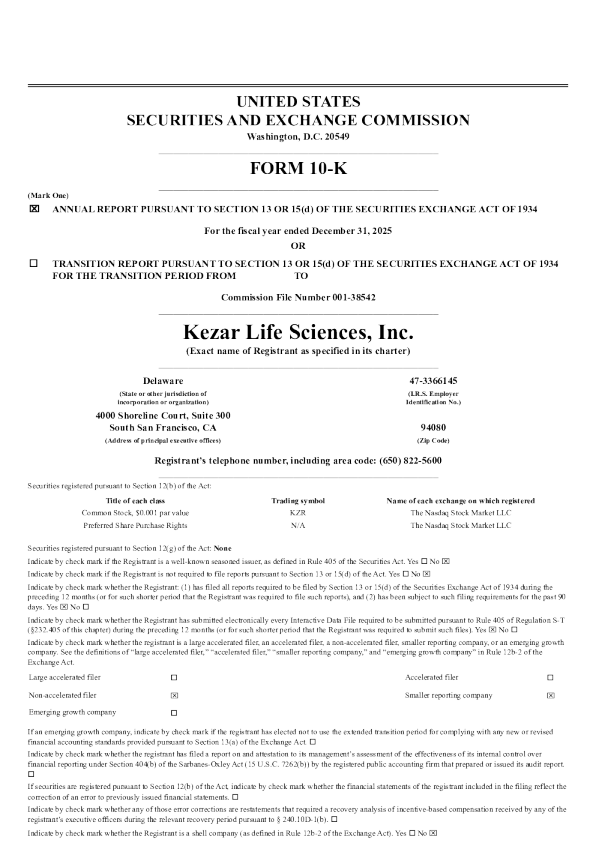 Kezar Life Sciences Inc 2025年度报告