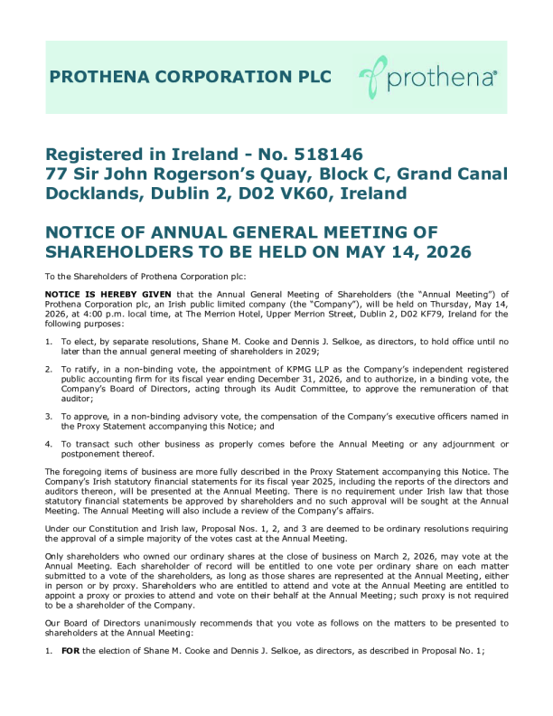 Prothena Corp plc 2025年度报告