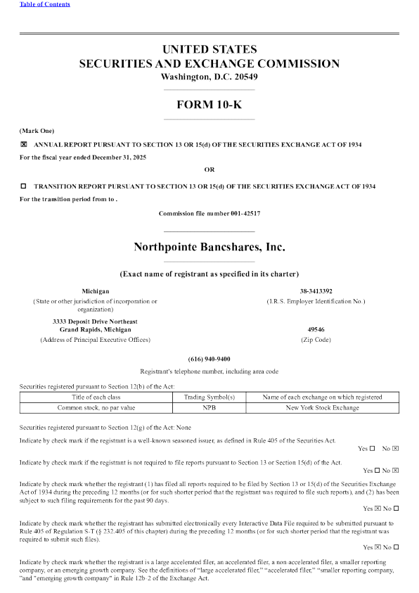 Northpointe Bancshares Inc 2025年度报告