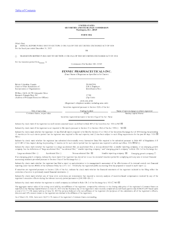 Fennec Pharmaceuticals Inc 2025年度报告