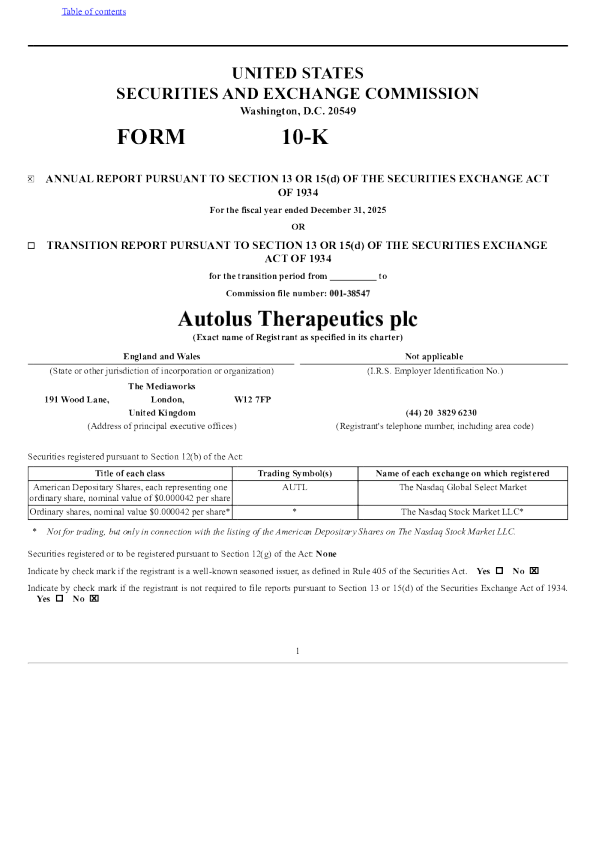 Autolus Therapeutics plc ADR 2025年度报告