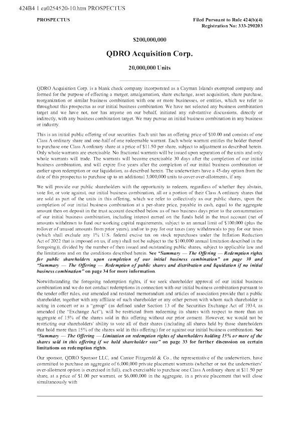 QDRO Acquisition Corp-A美股招股说明书(2026-03-27版)