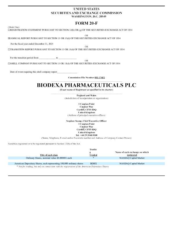 Biodexa Pharmaceuticals PLC ADR 2026年年度报告和过渡报告