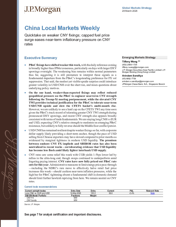 中国本地市场周报：人民币中间价走弱简评；燃油价格涨幅受限缓解人民币利率近期通胀压力