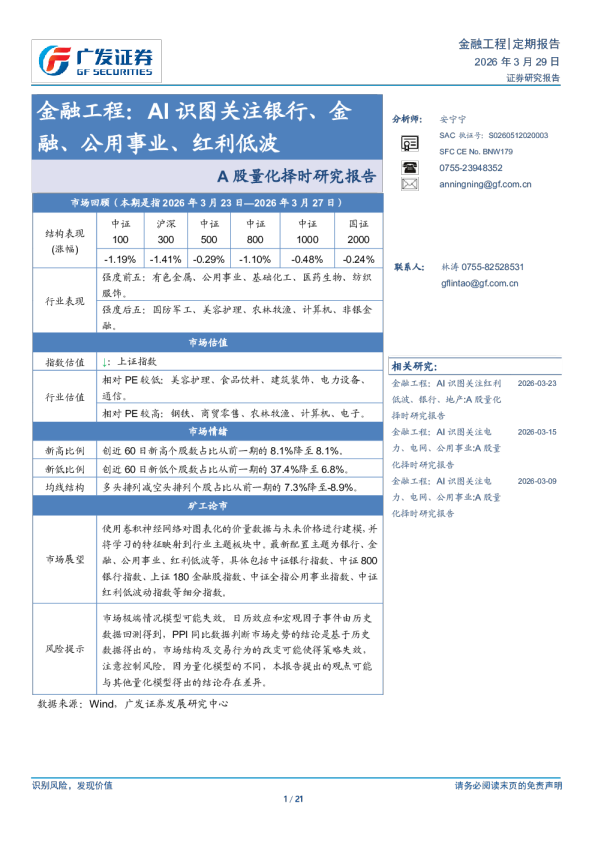 金融工程：AI 识图关注银行、金融、公用事业、红利低波 A 股量化择时研究报告