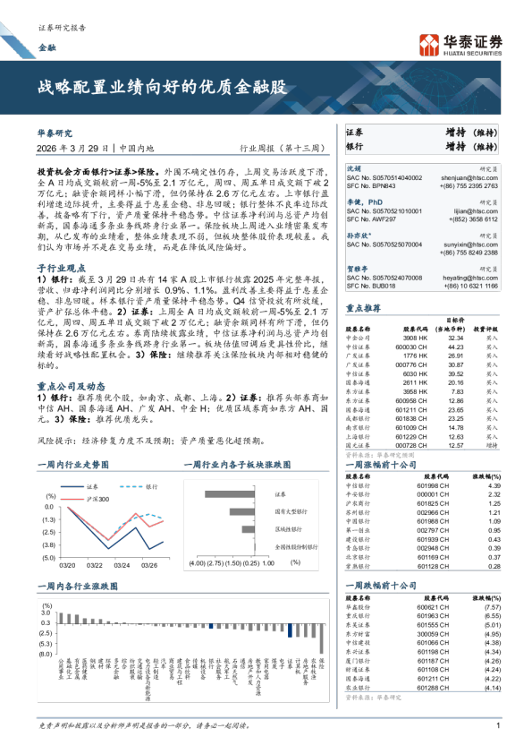 战略配置业绩向好的优质金融股