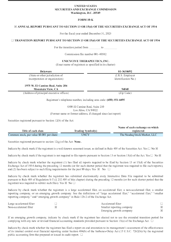 Unicycive Therapeutics Inc 2025年度报告