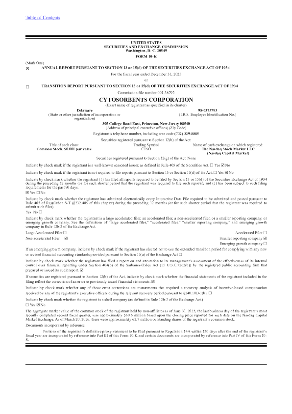 CytoSorbents Corp 2025年度报告
