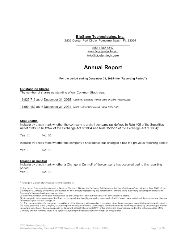 BioStem Technologies Inc 2025年度报告