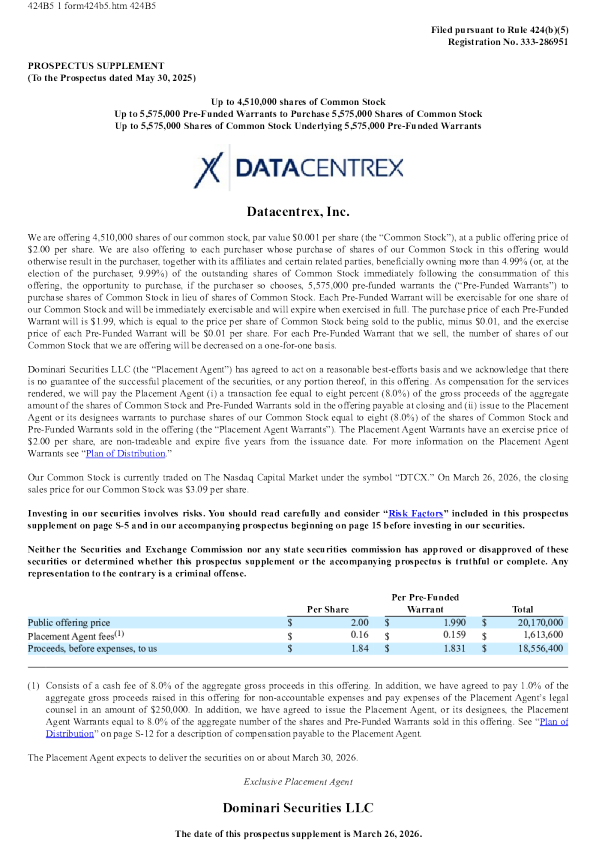 Datacentrex Inc. United States Stock Offering Prospectus (Version as of March 30, 2026)