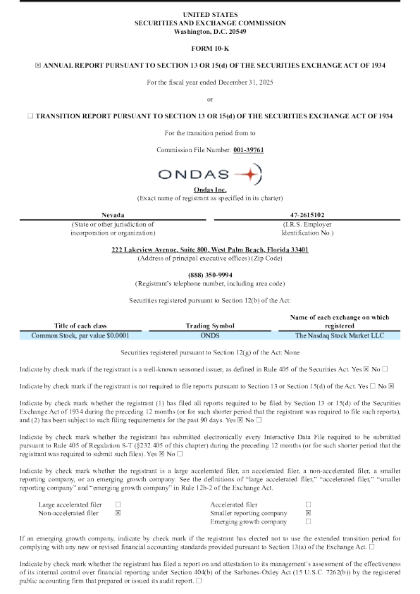 Ondas Inc 2025年度报告