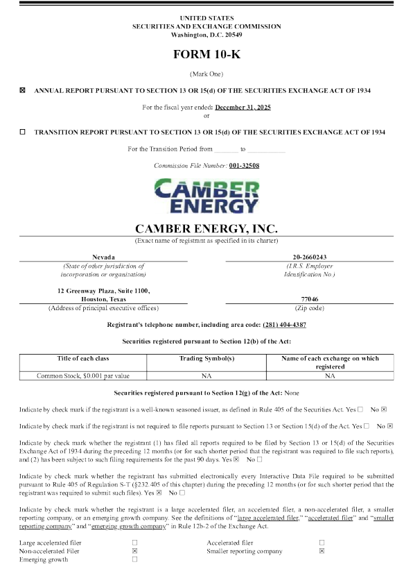 Camber Energy Inc 2025年度报告