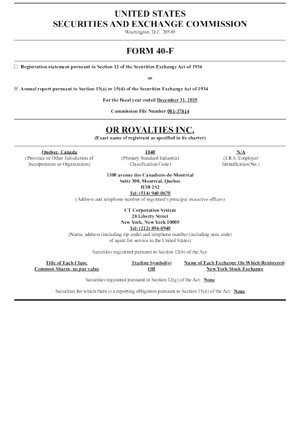 OR Royalties Inc 2025年度报告