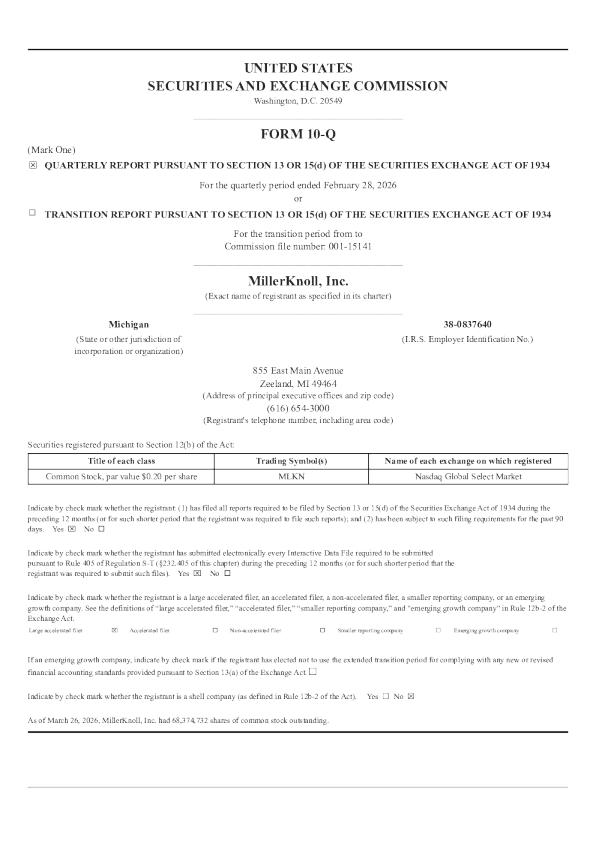 MillerKnoll Inc 2026年季度报告