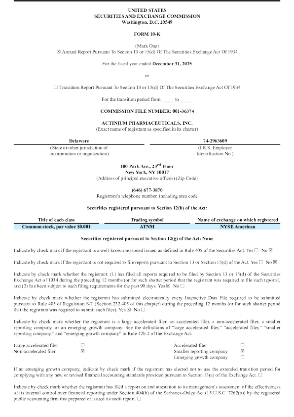 Actinium Pharmaceuticals Inc 2025年度报告