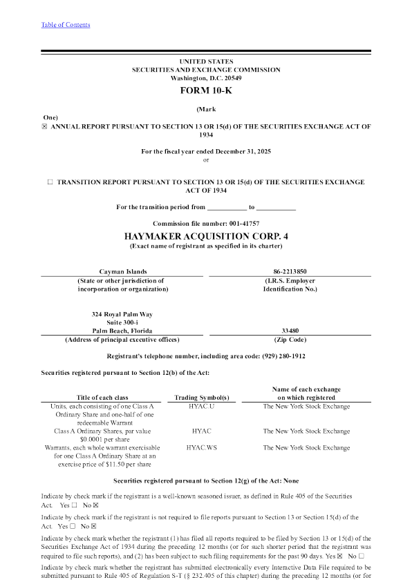 Haymaker Acquisition Corp 4-A 2025年度报告