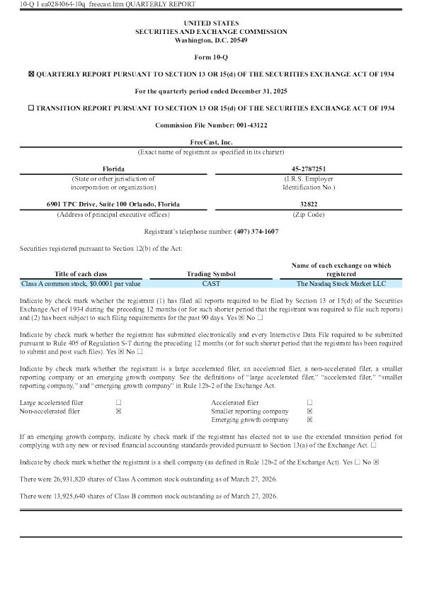 FreeCast Inc-A 2026年季度报告