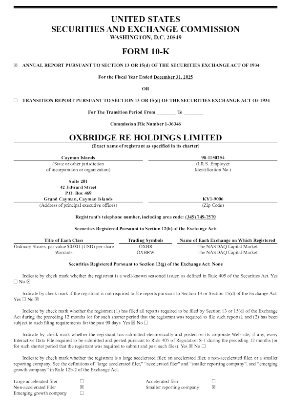 Oxbridge Re Holdings Ltd 2025年度报告