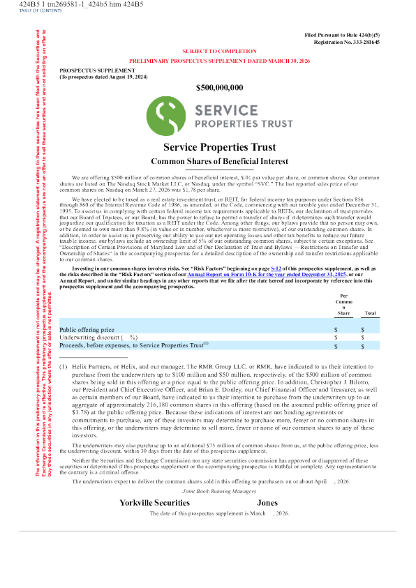 Service Properties Trust美股招股说明书(2026-03-30版)