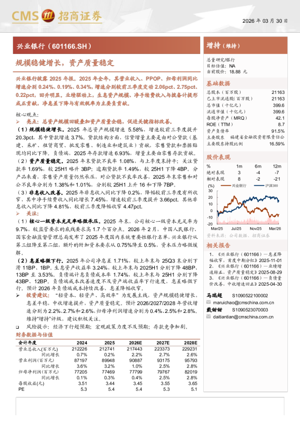 兴业银行(601166)规模稳健增长，资产质量稳定