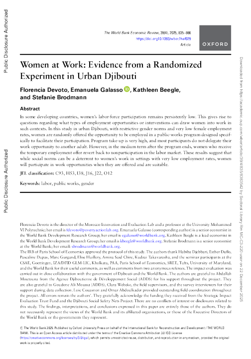 工作中的女性：来自吉布提城市随机实验的证据