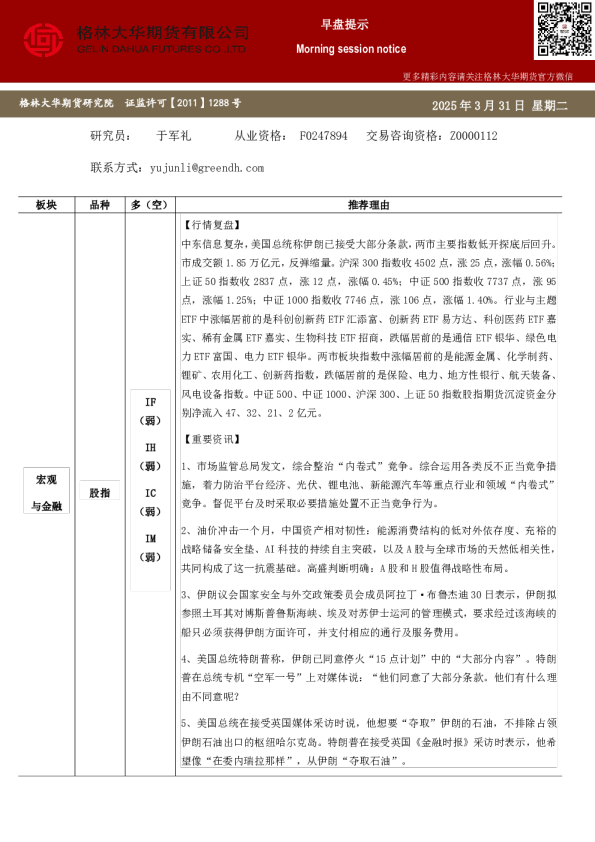 格林大华期市早班车--股指（20260331）