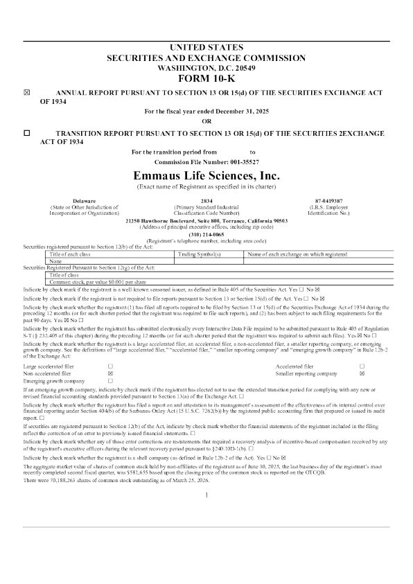 Emmaus Life Sciences Inc 2025年度报告
