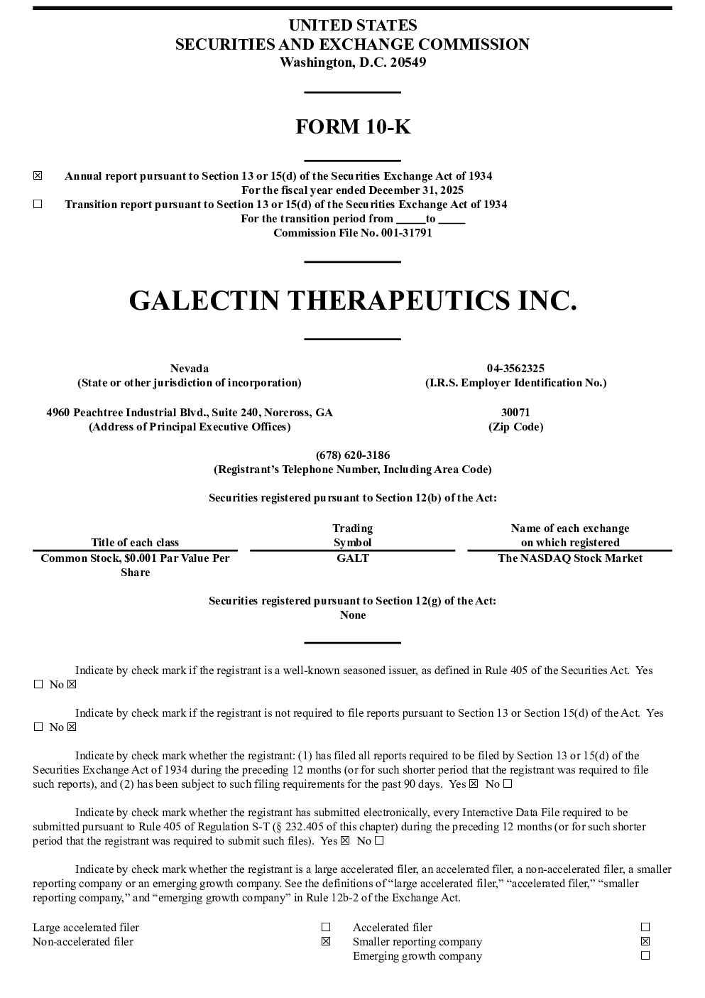 Galectin Therapeutics Inc 2025年度报告