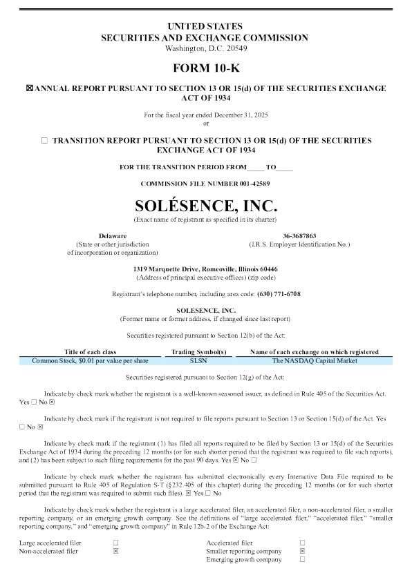 Solesence Inc 2025年度报告