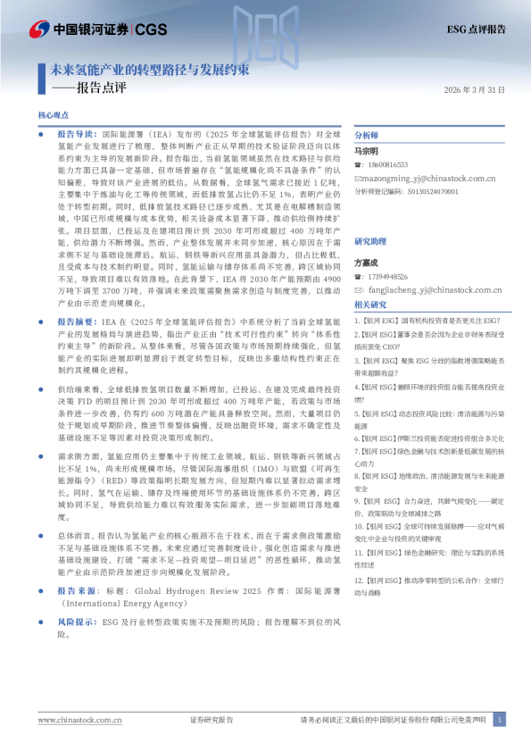 ESG点评报告：未来氢能产业转型路径与发展约束