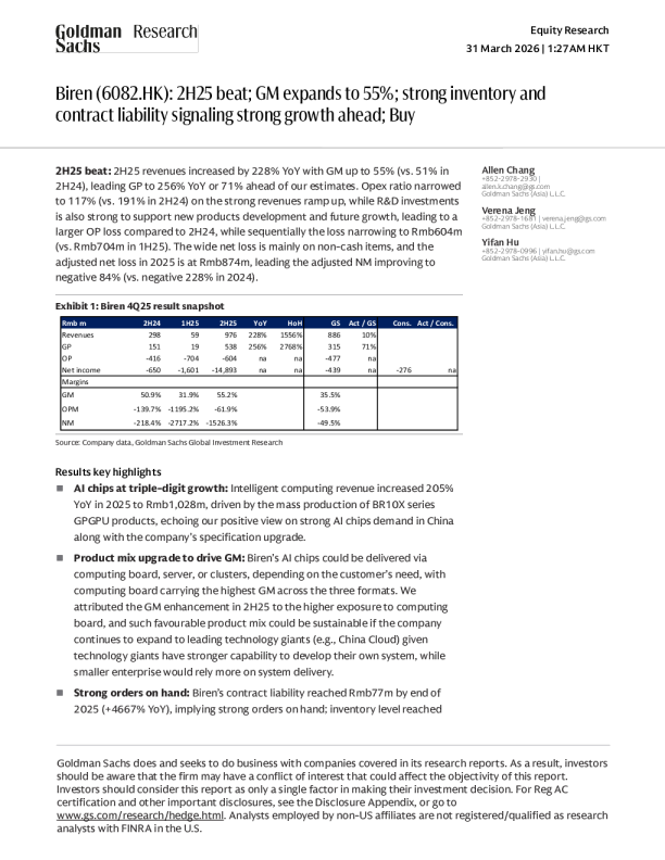 壁仞科技（6082.HK）：2025年下半年业绩超预期；毛利率提升至55%；强劲的库存和合同负债预示未来增长强劲；买入