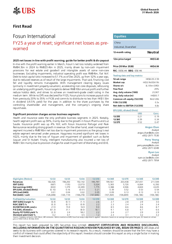 复星国际2025财年：重置之年；如预警般录得重大净亏损