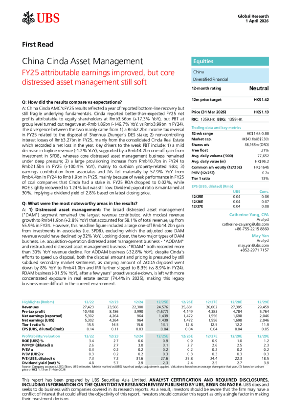 中国信达资产管理2025年归母净利润改善，但核心不良资产管理业务仍疲软