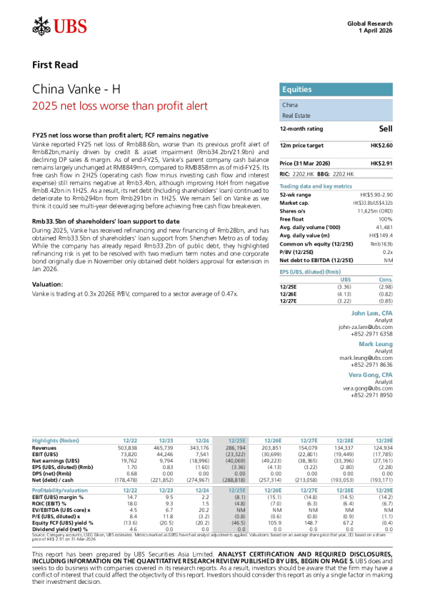 中国万科-H 2025年净亏损超出盈利预警
