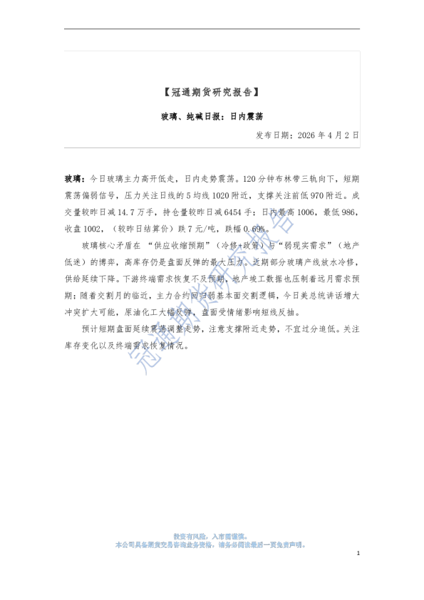 玻璃、纯碱日报：日内震荡