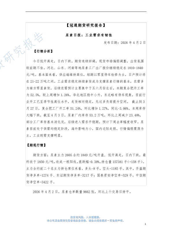 尿素日报：工业需求有韧性