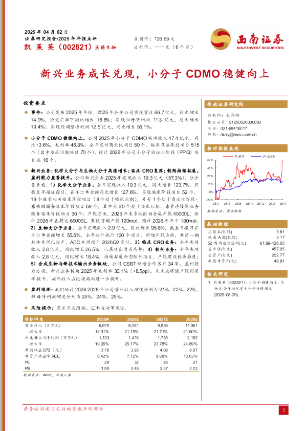 2025年年报点评：新兴业务成长兑现，小分子CDMO稳健向上