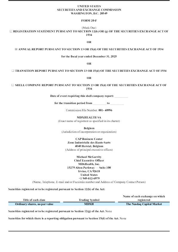 MDxHealth SA 2026年年度报告和过渡报告