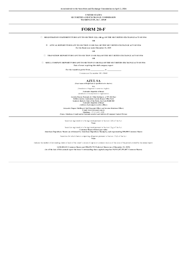 Azul SA ADR 2026年年度报告和过渡报告