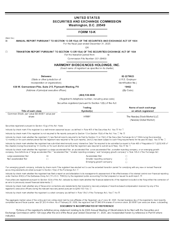 Harmony Biosciences Holdings Inc 2025年度报告