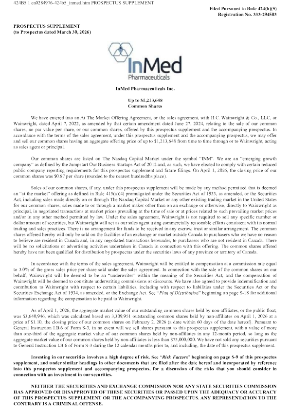 InMed Pharmaceuticals Inc美股招股说明书(2026-04-03版)