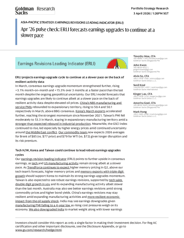 亚太策略：盈利修正领先指标（ERLI）2026年4月脉冲检查：ERLI预测盈利上调将继续但速度放缓